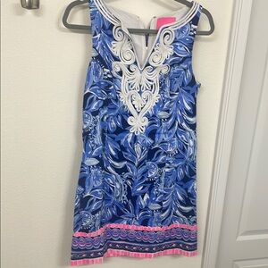 Blue and Pink Sleeveless Dress with White Embroidery